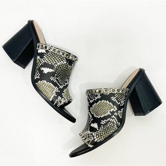 Snake embossed peep toe mules, womens 7.5 python pattern chain trim chunky heels - Picture 3 of 11